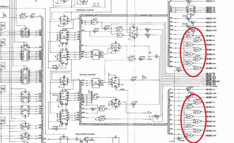 The schematic diagram shows how the XOR gates perform the screen flip function.